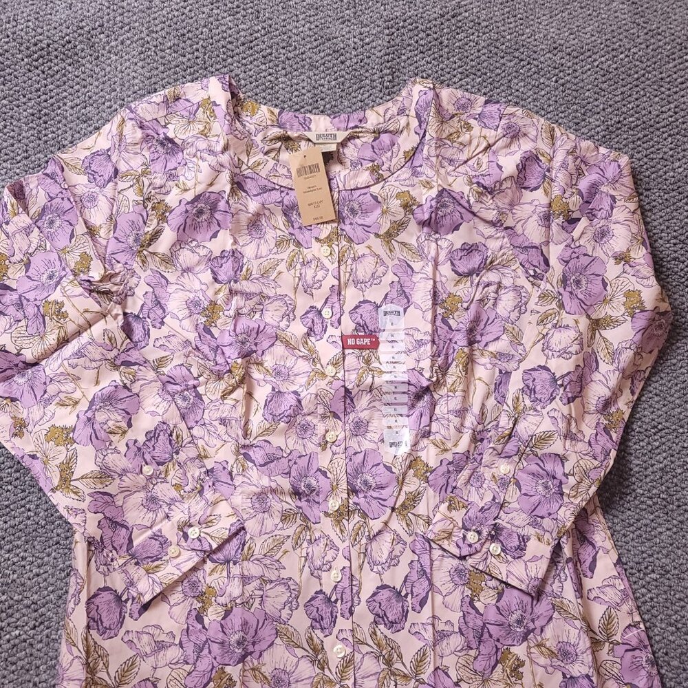 Duluth Womens Wrinkle Fighter Tunic No Gape Floral  Purple Button Shirt Pink - Picture 5 of 12